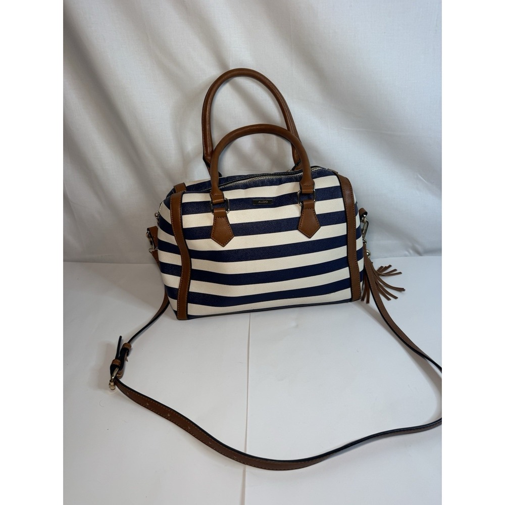 ALDO Striped Satchel Handbag Navy Cream Brown Crossbody Shoulder Bag Nautical
